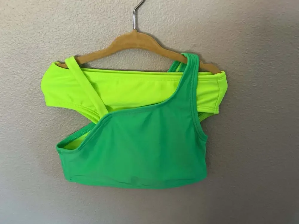 Cat & jack Girls' Two-Piece One-Shoulder Bikini Swimsuit Set, Neon Green/Yellow